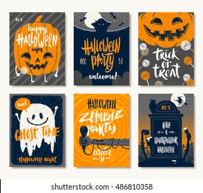 Vector set of Halloween holidays hand drawn invitation or greeting card with handwritten calligraphy greetings, words and phrases.