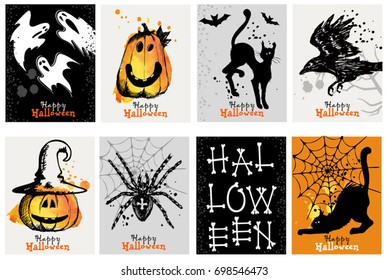 Vector set of Halloween holidays hand drawn invitation or greeting card. Happy Halloween hand drawn set. 