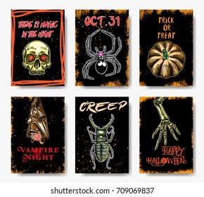 Vector set of Halloween holidays. Hand drawn greeting card invitation with handwritten calligraphy typography. Custom greetings, words and phrases. 