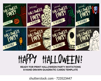 Vector set of Halloween holidays hand drawn party invitation or greeting card with handwritten calligraphy.