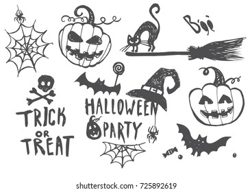 Vector set of Halloween holidays hand drawn with handwritten calligraphy greetings