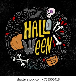 Vector set of Halloween holidays hand drawn invitation or greeting card with handwritten calligraphy greetings, words and phrases.