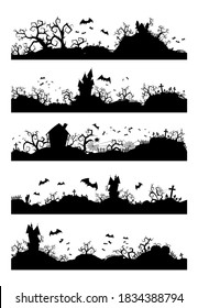 Vector set of Halloween horizontal seamless illustrations with castle, graveyard and bats. Black silhouettes.