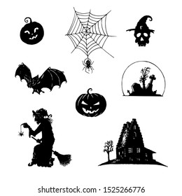 Vector set of Halloween icons. All Saints Day illustrations collection. Hand drawn sketches for party invitation, greeting card, poster.