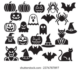 Vector set of Halloween icons. Ghost, witch, pumpkin, bat, spider, hat, cat, devil. Spooky season.