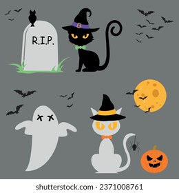 Vector set of Halloween icons illustrations isolated on gray background. With cats, owl, moon, witch hat, moon, pumpkin.