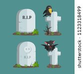 Vector set of Halloween icons with the image of tombstones. Tombstone RIP, Tombstone with a skull, Grave cross with a crow sitting on it, a tomb cross with a vampire bat.