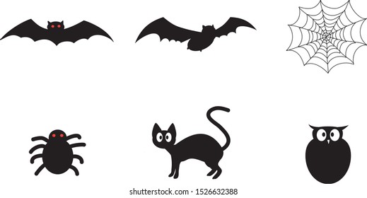 Vector set of Halloween icons with the image of bat, spider, cat and owl.