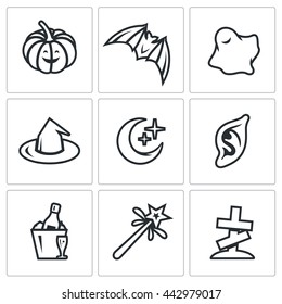 Vector Set of Halloween Icons. Pumpkin, bat, ghost, witch, night, vampire, party, magic, cemetery. Strange delusion and illusion of the brain