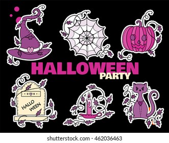 Vector set of Halloween icons, stickers, web elements, cards and notes. Witches hat, spiderweb, pumpkin head, gravestone, candlestick, candle, magic cat and wave ivy. Emo or gothic style, pink, purple