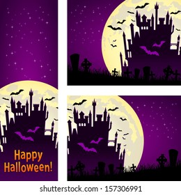 Vector set of Halloween illustration banner with castle and bats on full moon background