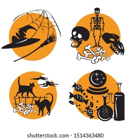 Vector Set for Halloween, illustration with characters of Halloween (skeleton and skulls, witch's hat, web and broomstick, black cats in full moon time, Halloween candy, bottle and crystal ball). 