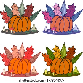 Vector set Halloween illustration doodle holiday on white background pumpkin, candle, leaves, potion, mushrooms.