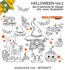 Vector set of Halloween illustrations. Set of cute arts, icons. Witch, ghost, creepy pumpkin, bat, tree, spider. Sketch doodle style. Smile cartoon character. Black line isolated on white background