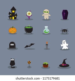 vector set with Halloween illustrations and icons, pumpkin, jack o' lantern, witch, bat, skull, ghost, black cat