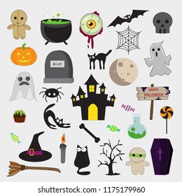 vector set with Halloween illustrations and icons, pumpkin, jack o' lantern, witch, bat, skull, ghost, black cat