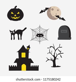 vector set with Halloween illustrations and icons, pumpkin, jack o' lantern, witch, bat, skull, ghost, black cat