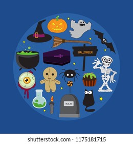 vector set with Halloween illustrations and icons, pumpkin, jack o' lantern, witch, bat, skull, ghost, black cat