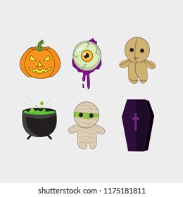 vector set with Halloween illustrations and icons, pumpkin, jack o' lantern, witch, bat, skull, ghost, black cat