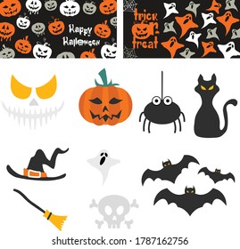 vector set with Halloween illustrations and icons: pumpkin, ghost, cat, bat, witch, skull. 