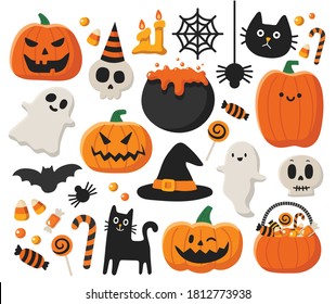 vector set of Halloween illustrations. pumpkin, ghost, cat, bat, halloween objects. Spooky halloween. October