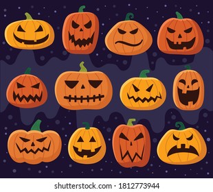 vector set of Halloween illustrations. pumpkin, ghost, cat, bat, halloween objects. Spooky halloween. October