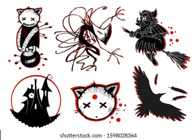 Vector set with halloween images: voodoo cat toy, scary ghost in mask, creepy castle silhouette, head of a dead cat, witch on a broomstick and bloody crow isolated on a white background 