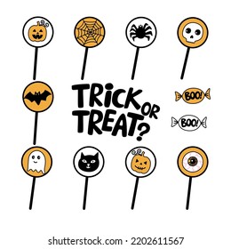 Vector set of Halloween lollipops with drawings of symbols of the holiday