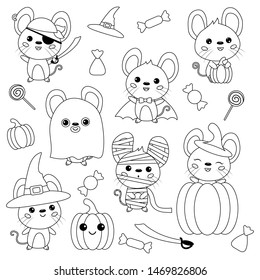 Vector set of Halloween mouse. Rats dressed up in costumes, witch, pirate, ghost, vampire and mummy. Coloring page for children. Cartoon kawaii characters. Sweet and candies. Trick and treat.