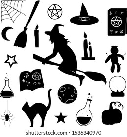 A vector set of Halloween objects. Black silhouettes isolated on white background. 