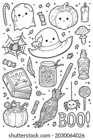 Vector set of Halloween objects. Cartoon black and white collection for children