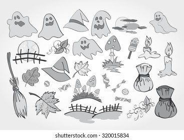 Vector set of Halloween objects for design, elements and creatures. Monochrome.