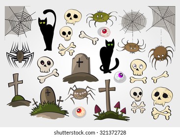 Vector set of Halloween objects for design, elements and creatures. Colored.