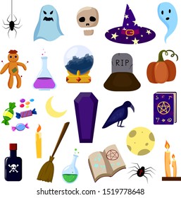 A vector set of Halloween objects isolated on white background in a flat style. 