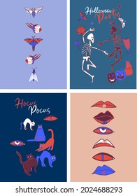 Vector set of Halloween party cards. Skeletons dancing, pumpkins, black cats, moths, eyes and mouths