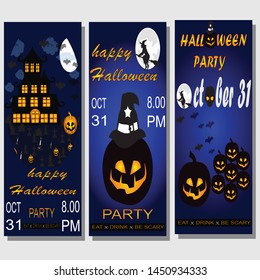Vector set of Halloween party invitations or greeting cards with handwritten calligraphy and traditional symbols