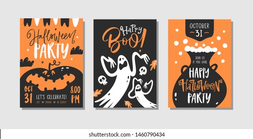 Vector set of Halloween party invitations or greeting cards with handwritten calligraphy and traditional symbols.