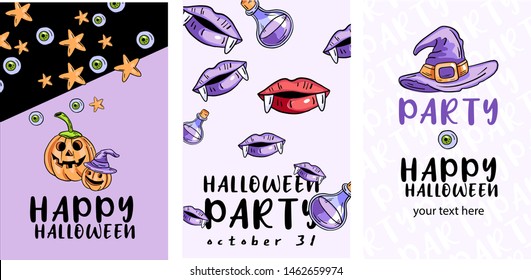 Vector set of Halloween party invitations or greeting cards with handdrawn illustrations 
