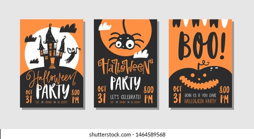 Vector set of Halloween party invitations or greeting cards with handwritten calligraphy and traditional symbols.