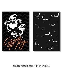Vector set of Halloween party invitations or greeting cards with handwritten calligraphy and traditional symbols.