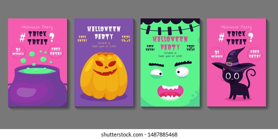 Vector set of Halloween party invitations or greeting cards with handwritten calligraphy and traditional symbols. Party promotion