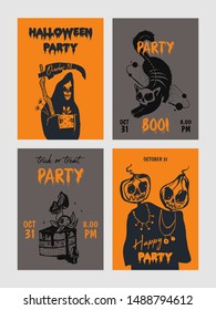 Vector set of Halloween party invitations or greeting cards with scary characters and elements