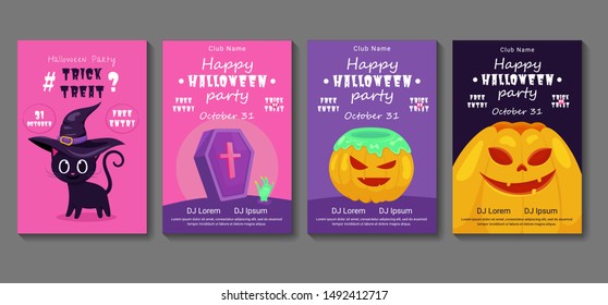 Vector set of Halloween party invitations or greeting cards with handwritten calligraphy and traditional symbols. Party promotion