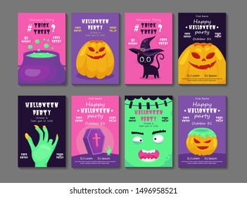 Vector set of Halloween party invitations or greeting cards with handwritten calligraphy and traditional symbols. Party promotion