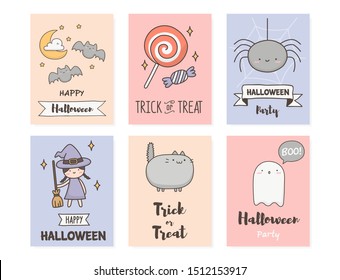 Vector set of Halloween party invitations or greeting cards with doodle illustrations.