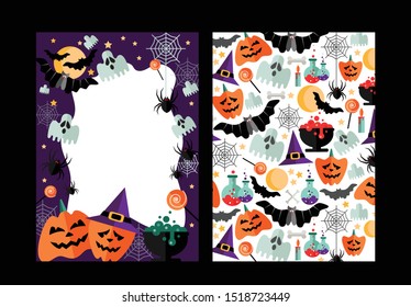 Vector set of Halloween party invitations or greeting cards with flat holiday icons.