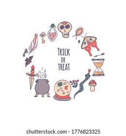 Juego de vectores de invitaciones de fiesta de Halloween o tarjetas de felicitación con caligrafía escrita a mano y símbolos tradicionales.