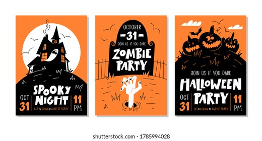 Vector set of Halloween party invitations or greeting cards with handwritten text and traditional symbols.