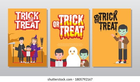 Vector set of Halloween party invitations or greeting cards with handwritten calligraphy and traditional symbols.
