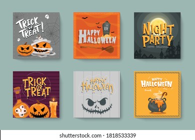 Vector set of Halloween party invitations or greeting cards with handwritten calligraphy and traditional symbols.